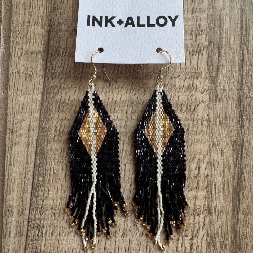 INK+ALLOY Seed Bead Earrings + Beaded Fringe. Black + Gold + Cream